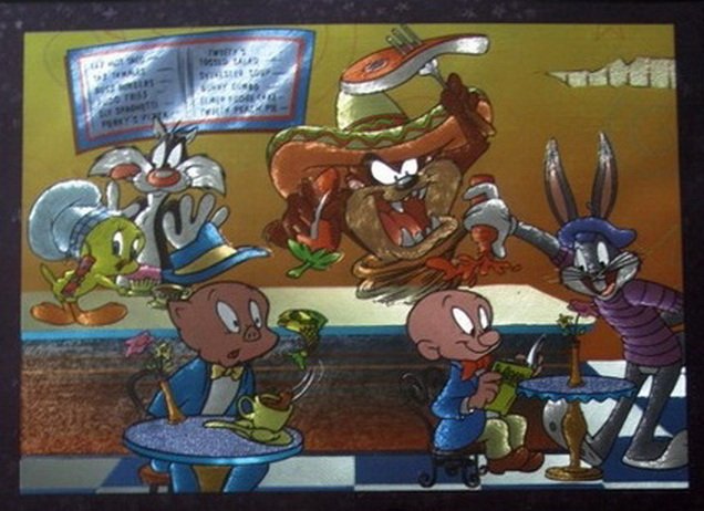 LOONEY TUNES PORKY PIG TAZ SYLVESTER FUDD BUGS BU: Looney Tunes Porky Pig Taz Sylvester Fudd Bugs Bunny Framed Foil Artthis Is A Framed Foil Art Of The Warner Bros Looney Tune Characters. This Fantastic Animation Features Sylvester, Taz, Bugs Bunny, P