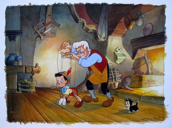TONY BLUTH PINOCCHIO "LITTLE WOODEN BOY" LIMITED : Hand Signed, Hand Textured Giclee Titled "Little Wooden Boy" By Toby Bluth. Vibrant Art Piece On Extra Thick Arches Paper Featuring Mickey And Friends. Hand Signed By Toby Bluth. The Subject Is A Gall