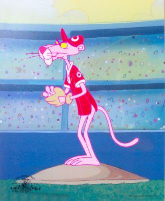 PINK PANTHER BASEBALL PITCHER CEL MGM STAMPED SER: This Is An Exquisite Limited Edition Sericel - Created From An Actual Image Used In The Original Animated Series - With The Official Mgm & United Artist Corporation Trade Mark Seals. This Is Unframed 