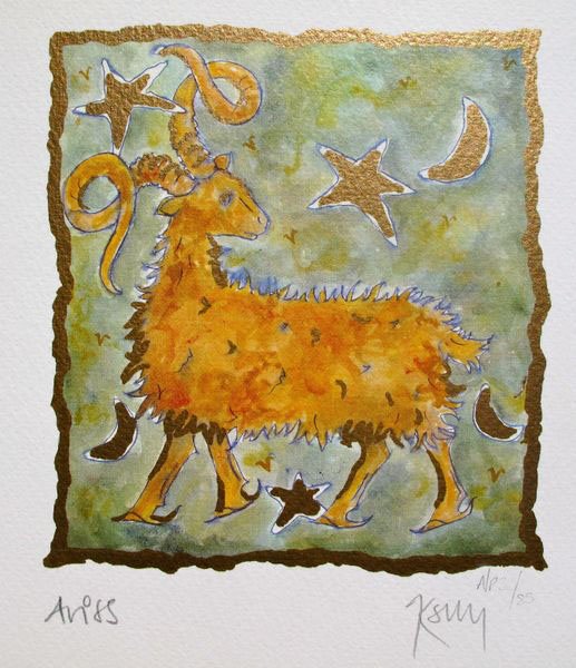 KELLY JANE ARIES HAND SIGNED LIMITED ED. LITHOGRA: Limited Edition Hand Signed Lithograph By Kelly Jane Titled "Aries". Medium: Photo Lithography On Feltmark Paper With Gold Leaf Accents [Signed And Numbered By The Artist]. This Piece Is Numbered From