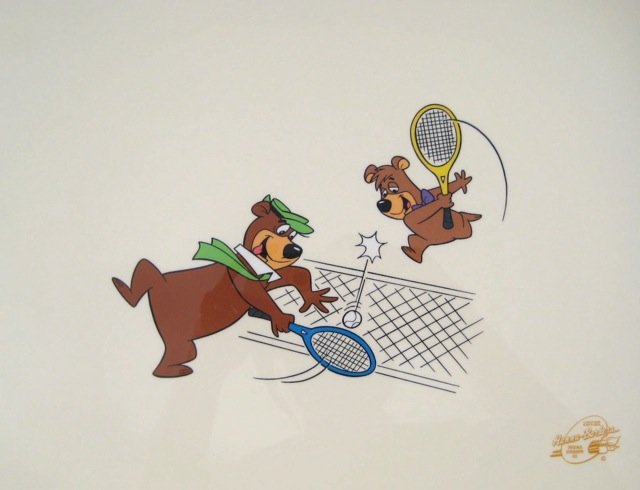 YOGI BEAR AND BOO BOO TENNIS ANYONE ANIMATION SE: Rare, Sold Out, Limited Edition Sericel Of Yogi Bear And Boo Boo Entitled "Tennis Anyone?". This Cel Measures 14" X11" And Bears The Hanna Barbera Authenticity Seal In The Bottom Right Corner. This Ce