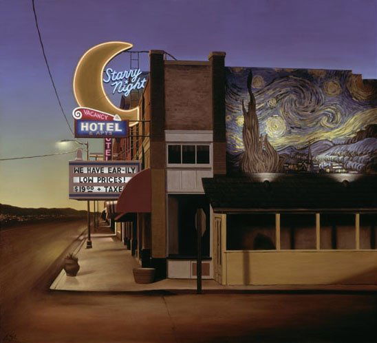 STARRY NIGHT HOTEL BY BEN STEELE - NO. 1 IN THE: Starry Night Hotel By Ben Steele Masterwork Canvas Edition Image Size: 43"W X 39"H. This Is No. 1 Of An Edition Size: 25. What Do Pop Art, Vincent Van Gogh, Edward Hopper, Rembrandt, Neon Gas And Help