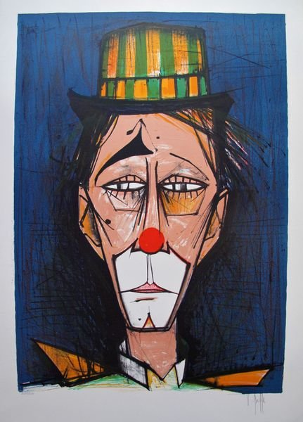 V. BEFFA CLOWN HAND SIGNED LIMITED ED. LITHOGRAPH: Stone Lithograph Titled "Clown On A Blue Background". This Piece Was Hand Signed In By V. Beffa In 1975. V. Beffa Was A French Artist Known To Produce Works In The Style Of Bernard Buffet. Image Measu