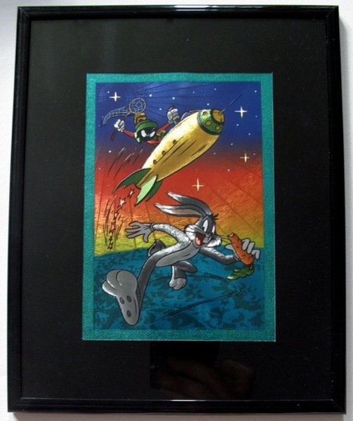 LOONEY TUNES BUGS BUNNY MARVIN THE MARTIAN ON ROC: Warner Bros Looney Tunes Framed Foil Art. This Fantastic Animation Features Bugs Bunny And Marvin The Martian As They Appeared In The 1970'S Cartoons. This Beautifully Framed And Matted Art Piece Meas