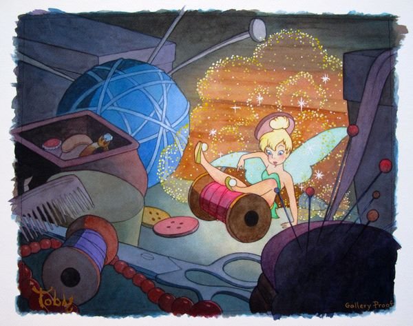 TONY BLUTH TINKER BELL "CUTE AS A BUTTON" LIMITE: Hand Signed, Hand Textured Giclee Titled "Cute As A Button" By Toby Bluth. Vibrant Art Piece On Extra Thick Arches Paper Featuring Mickey And Friends. Hand Signed By Toby Bluth. The Subject Is A Galle