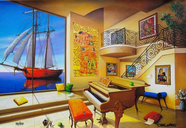 ORLANDO RAFAEL QUEVEDO LOVE BOAT I LIMITED ED HAN: Hand Signed Giclee On Canvas By Orlando Raphael Quevedo Titled "Love Boat I". This Piece Is Hand Signed By The Artist. This Piece Is Numbered From An Edition Size Of 199. Canvas Image Measures: 14" X 