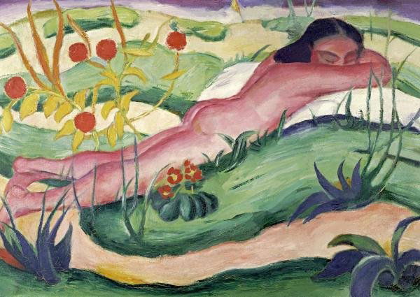FRANZ MARC - NUDE LYING IN THE FLOWERS: Franz Marc - Nude Lying In The Flowers - Giclée On Canvas - 36 X 25 1/2 In.