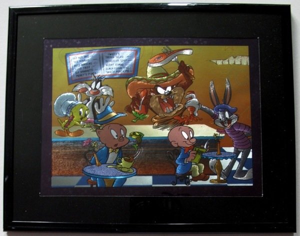 LOONEY TUNES PORKY PIG TAZ SYLVESTER FUDD BUGS BUN: Framed Foil Art Of The Warner Bros Looney Tune Characters. This Fantastic Animation Features Sylvester, Taz, Bugs Bunny, Porky Pig, Elmer Fudd And Tweety Bird At The Restaurant As They Appeared In The
