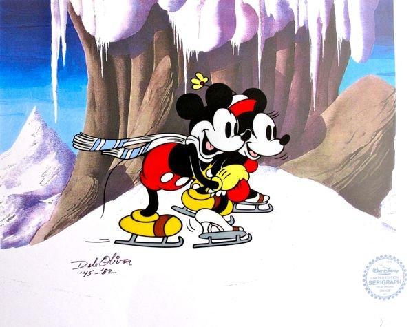 DISNEY MICKEY & MINNIE MOUSE ICE SKATING HAND SIG: Disney Limited Edition Serigraph Cel Of Mickey & Minnie Mouse As Ice Skaters. This Piece Is Hand Signed By Disney Artist Dale Oliver. Dale Oliver Was A Disney Animator From 1945-1982. From Walt Disney