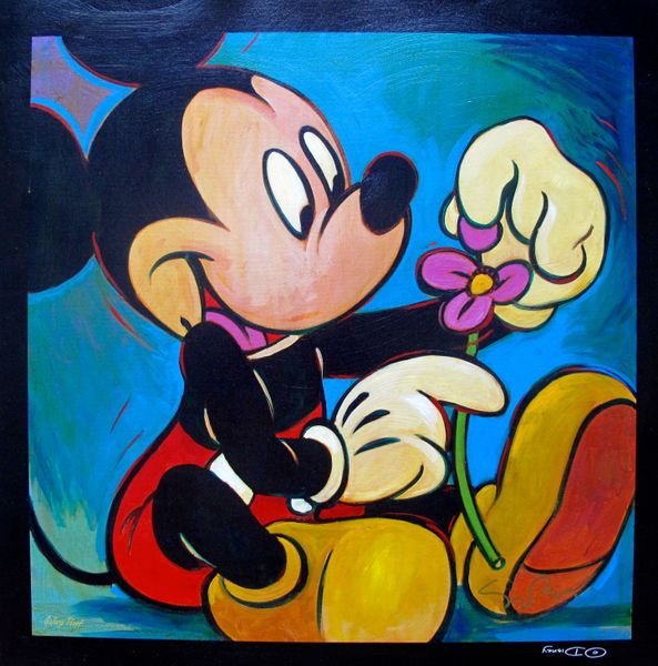 SIMON BULL DISNEY MICKEY MOUSE "SHE LOVES ME SHE: Hand Signed Original Giclee On Canvas Of Mickey Mouse By Simon Bull Titled "She Loves Me & She Loves Me Not". This Piece Is Marked As A Gallery Proof. Canvas Size: 23" X 23". This Giclee Was Hand Sign