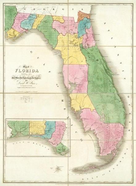 DAVID H. BURR - MAP OF FLORIDA, 1839: David H. Burr - Map Of Florida, 1839 - Giclée On Canvas - 26 1/2 X 36 In.