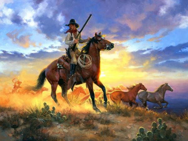 JACK SORENSON - THE HORSE THIEF: Jack Sorenson - The Horse Thief - Giclée On Canvas - 48 X 36 In.~~A giclée print falls between serigraph and lithograph in quality. Although they can be made on paper, Giclees on canvas may be frame