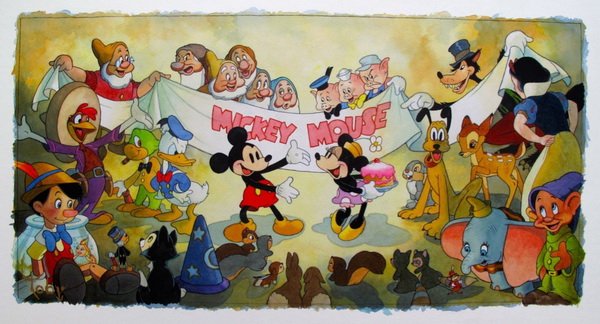 TONY BLUTH MICKEY MOUSE IT ALL STARTED WITH A MOUS: Hand Signed, Hand Textured Giclée Titled "It All Started With A Mouse" By Toby Bluth. Vibrant Art Piece On Extra Thick Arches Paper Featuring Mickey And Friends. Hand Signed By Toby Bluth. The Subjec