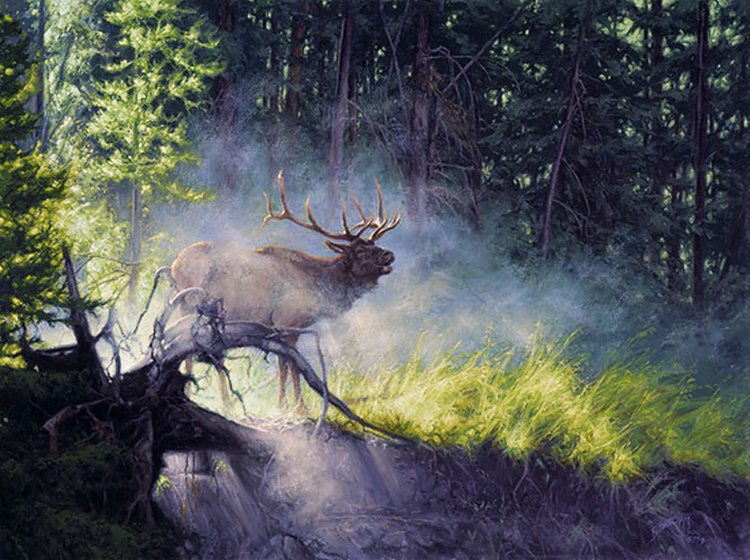 GREG BEECHAM - MYSTIC WARRIOR: Mystic Warrior - Greg Beecham - Limited Edition Print - Image Size: - Deep Within The Forest, Cloaked In A Mantle Of Mist, A 6-point Bull Elk Bugles His Call .... "mystic Warrior" Reveals Greg Beecham
