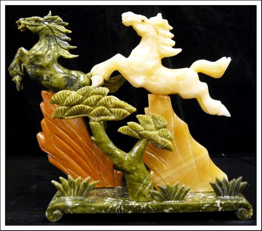 JADE 2 HORSES MOUNTAIN: Jade 2 Horses Mountain - This Jade 2 Horses Mountain Is Made From Multiple Jades, The Green Taiwan Jade And Yellow Jade. The Colors Are All Natural. Very Detailed Carving - Wide: 12", Deep: 3.5", High