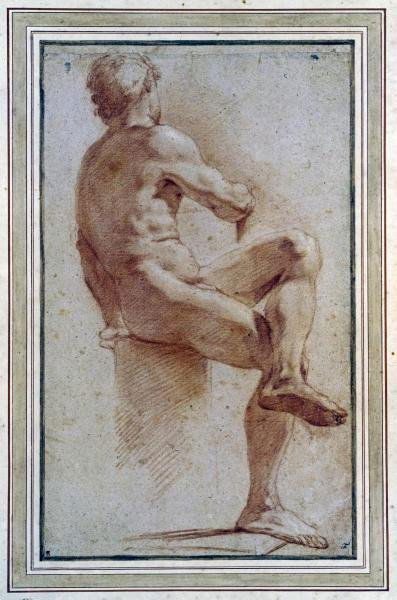 ANNIBALE CARRACCI - A MALE NUDE SEATED WITH HIS B: Annibale Carracci - A Male Nude Seated With His Back Turned - Giclée On Canvas - 23 7/8 X 36 In.~~A giclée print falls between serigraph and lithograph in quality. Although they can be made on paper