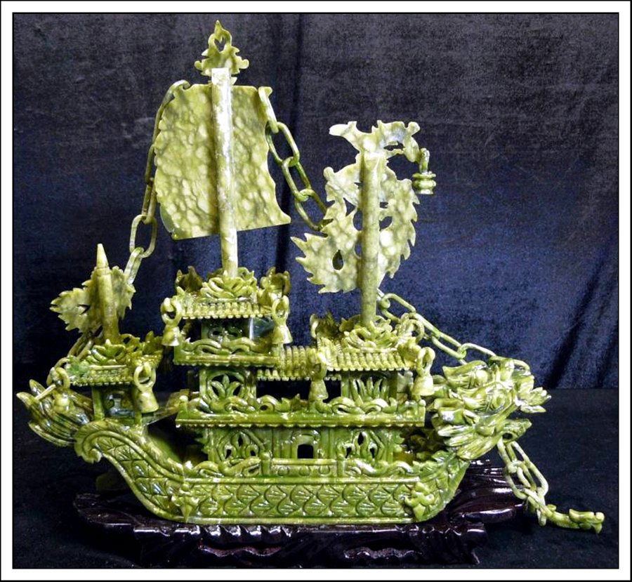 24" GREEN JADE DRAGON BOAT: 24" Green Jade Dragon Boat - This Jade Boat Is Made From Natural Green Jade. It Consists Of Boat Body, Chains, Sails, Flag, Anchor, Rudder, And Wooden Base. Very Detailed Carving. - Length: 24", Heigh