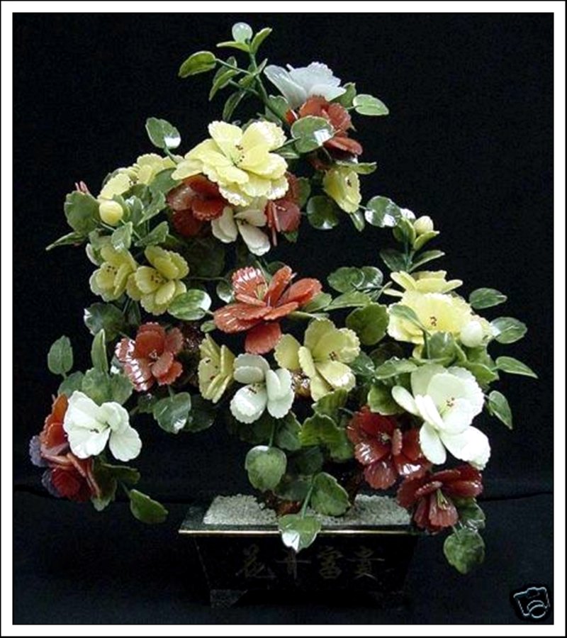 LARGE JADE BONSAI FLOWER TREE: Large Jade Bonsai Flower Tree - This Beautiful Jade Flower Tree Is Made From Three Color Jade, There Are Yellow, Red, And White Color. Its Leaf Is Made Of Taiwan Jade. It Is An Ideal Decoration For Yo