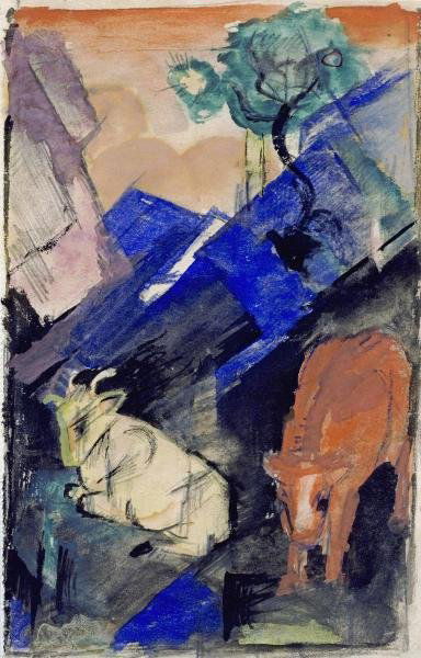 FRANZ MARC - TWO CATTLE IN A HILLY LANDSCAPE: Franz Marc - Two Cattle In A Hilly Landscape - Giclée On Canvas - 23 X 36 In.~~A giclée print falls between serigraph and lithograph in quality. Although they can be made on paper, Giclees on canvas