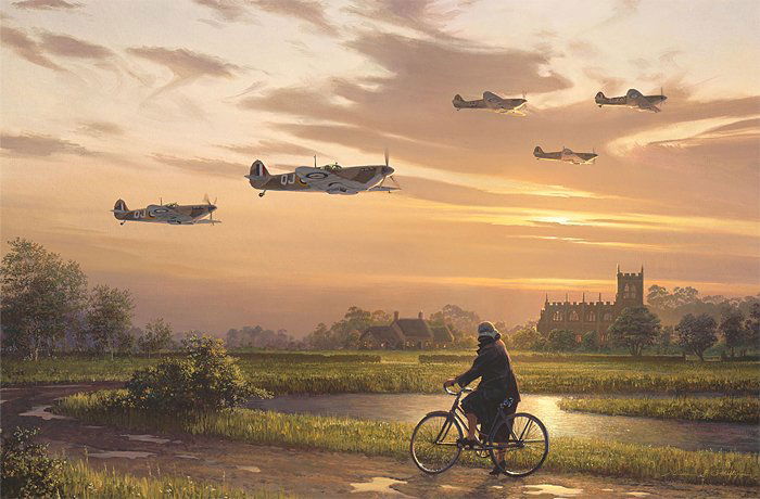 WILLIAM S. PHILLIPS - ON WINGS AND A PRAYER: On Wings And A Prayer - William S. Phillips - Anniversary Edition Canvas - Image Size: - It Is The Summer Of 1940. A Woman Rides Her Bike Through The English Country-side. Dawn Has Broken And The Land