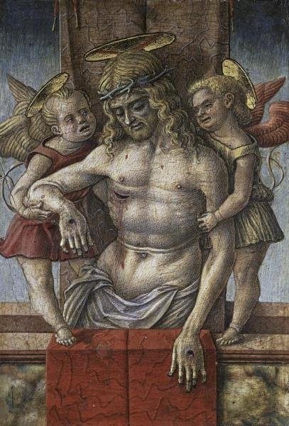 CARLO CRIVELLI - LAMENTATION OVER THE DEAD CHRIST: Carlo Crivelli - Lamentation Over The Dead Christ With Two Angles - Giclée On Canvas - 24 1/2 X 36 In.~~A giclée print falls between serigraph and lithograph in quality. Although they can be made on