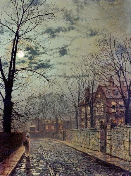 JOHN ATKINSON GRIMSHAW - A MOONLIT ROAD: John Atkinson Grimshaw - A Moonlit Road - Giclée On Canvas - 26 7/8 X 36 In.~~A giclée print falls between serigraph and lithograph in quality. Although they can be made on paper, Giclees on canvas