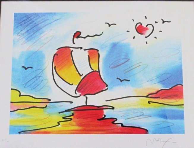 PETER MAX SAILBOAT/HEART SERIES HAND SIGNED LE LI: PETER MAX - Up for auction is a beautiful lithograph by Peter Max titled "Sailboat and Heart Series." Made in 2007, this lithograph is hand signed by the artist in the lower right corner. This is a li