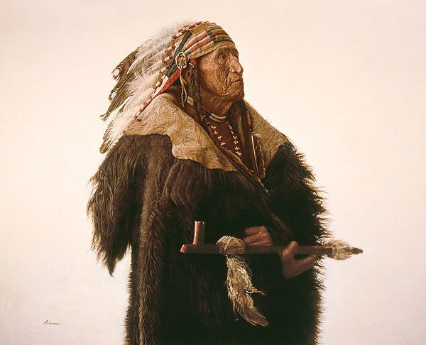 Crow Indian with Peace Pipe - by James Bama: Crow Indian with Peace Pipe - by James Bama - LIMITED EDITION CANVAS Image size: 21"w x 17"h. Edition Size:75 Published from the artists original work. - James Bama met Henry Bright Wings during a med