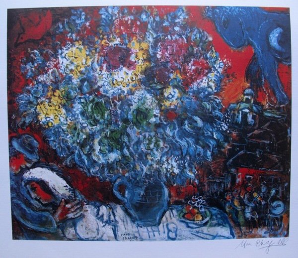 MARC CHAGALL BOUQUET DE FLEUR ET AMANTS LIMITED ED: Marc Chagall Lithograph Titled "bouquet De Fleur Et Amants". This Is Facsimile Signed And Pencil Numbered From A Limited Edition Of 500. Image Measures 17¾" X 21¾" On 23½" X 31" Paper. Printed On H