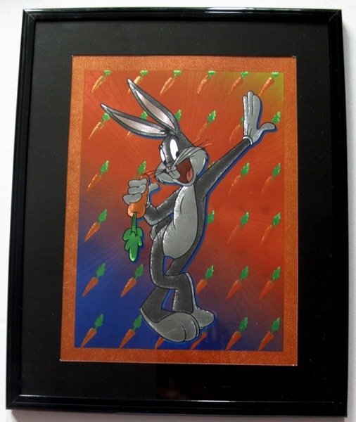 LOONEY TUNES BUGS BUNNY EATING CARROTS FRAMED FOIL ART: Warner Bros Looney Tunes Framed Foil Art. This Fantastic Animation Features Bugs Bunny Eating A Carrot As He Appeared In The 1970'S Cartoons. This Beautifully Framed And Matted Art Piece Measures 8 By
