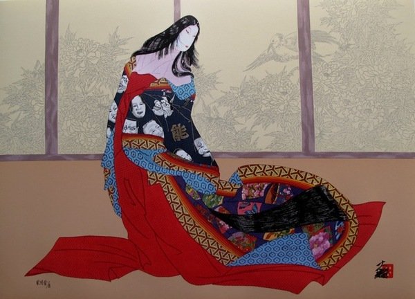 HISASHI OTSUKA LADY OF NOH HAND SIGNED LIMITED ED. SERI: This Is An Original Hand Signed Mixed Media Print Titled "Lady Of Noh" By Famed Japanese Artist Hisashi Otsuka. Mixed Media On 100% Neutral Ph Rag With Silk Texture And With A Mother Of Pearl Coating 