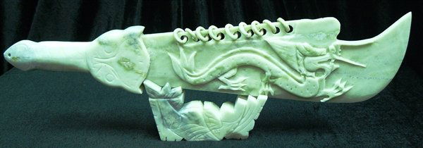 REAL JADE 9-RING DRAGON SWORD SET: Real Jade 9-ring Dragon Sword Set - Wide: 22", Deep: 2", High: 7". - Jade Sword Set, Carved From One Solid Piece Of Jade, The Base Is Separate. 9-ring Is The Highest Ranking In Ancient China For Warri