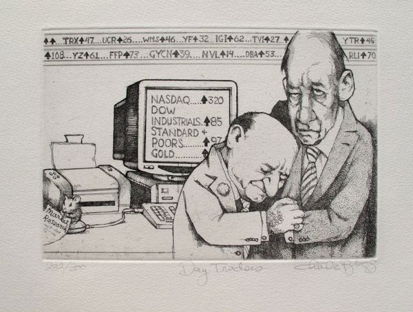 78T - CHARLES BRAGG DAY TRADERS HAND SIGNED LIMITED ED.: Charles Bragg Day Traders Hand Signed Limited Ed. Etching - This Is A Charles Bragg Limited Edition Hand Signed Etching Titled "Day Traders". Medium: Black & White Etching On Arches [Pencil Hand Signe