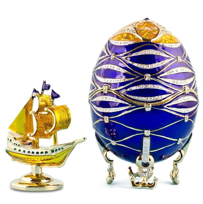 YACHT FABERGE INSPIRED EGG: Yacht Faberge Inspired Egg 4'' (H) X 2.5'' (W) Pewter, Enamel, Crystals, Gift Boxed