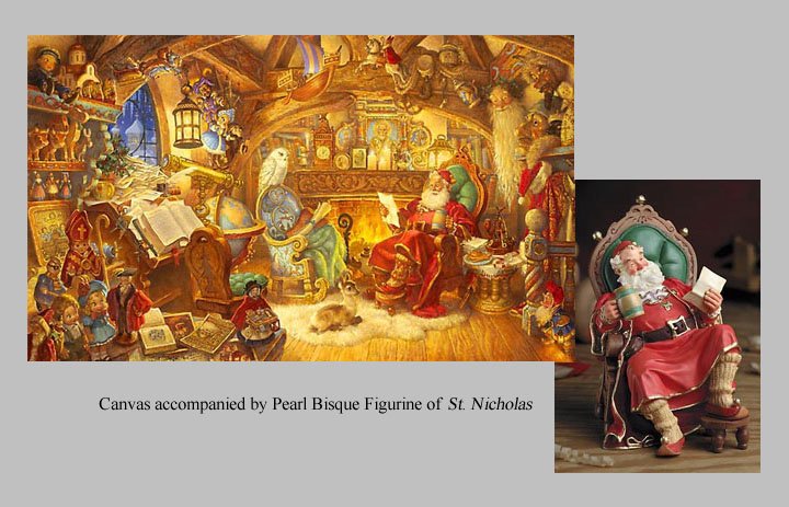 W -SCOTT GUSTAFSON - ST. NICHOLAS IN HIS STUDY W/FIGURI: Limited Edition Canvas Image Size: 32"W X 19"H. Edition Size:500 - Published From The Artist'S Original Work.