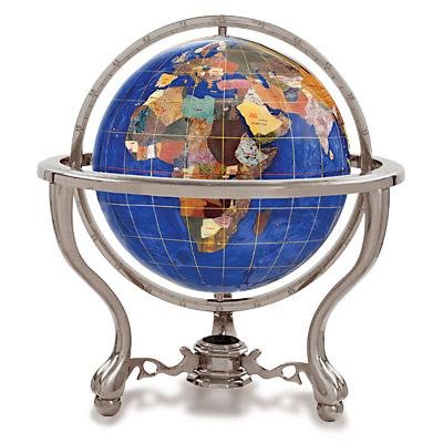 REAL JEWELRY GRADE GEMSTONE GLOBE WITH COMMANDER 3-LEG : Real gemstone globe is of the finest workmanship, and superior quality. Each gemstone is hand carved from the highest quality jewelry grade gemstones and is carefully formed to the recognized countrie