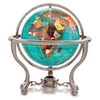 GEMSTONE GLOBE WITH COMMANDER 3-LEG TABLE STAND: This gemstone globe is of the finest workmanship, and superior quality. Each gemstone is hand carved from the highest quality jewelry grade gemstones and is carefully formed to the recognized countrie