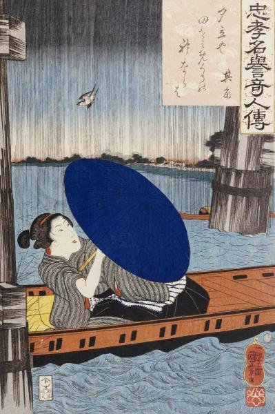 UTAGAWA KUNIYOSHI - A YOUNG WOMAN WITH A BLUE OPEN UMBR: Utagawa Kuniyoshi - A Young Woman With A Blue Open Umbrella - Giclée On Canvas - 24 X 36 In.
