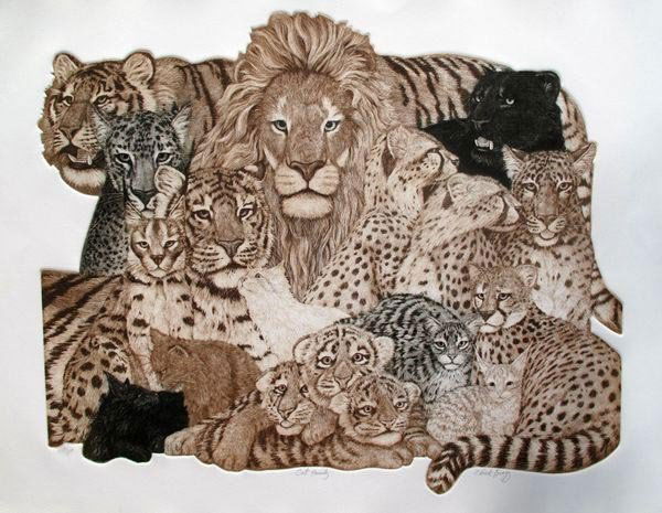 Charles Lynn Bragg CAT FAMILY Hand Signed Limited Ed.: Charles Lynn Bragg (A.K.A. Chick Bragg) Limited Edition Hand Signed Etching Titled "Cat Family". This Etching Is So Beautifully Detailed! Edition Size: 300. Paper Size: 26" X 34". Comes Unframed. Come