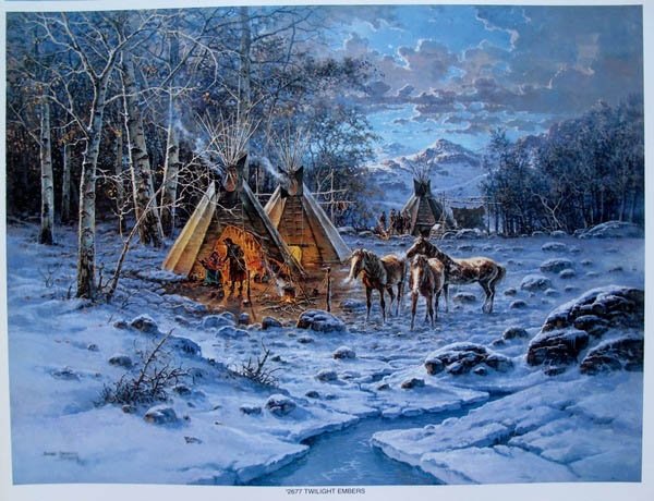 JORGE TARALLO BRAUN TWILIGHT EMBERS LIMITED ED.: This Is A Limited Edition Offset Lithograph By Jorge Tarallo Braun Titled "Twilight Embers". This Is A Beautiful Depiction Of American Indians. This Piece Is Plate Signed By The Artist. This Piece Is 