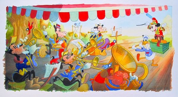 TONY BLUTH MICKEY MOUSE "STRIKE UP THE BAND" LIMITED: Hand Signed, Hand Textured Giclee Titled "Strike Up The Band" By Toby Bluth. Vibrant Art Piece On Extra Thick Arches Paper Featuring Mickey And Friends. Hand Signed By Toby Bluth. The Subject Is A Gal