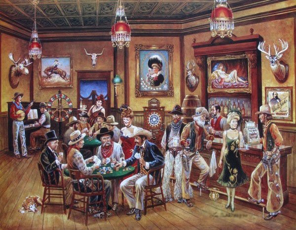 LEE DUBIN POKER SALOON HAND SIGNED LIMITED ED.: Lee Dubin Hand Signed Limited Edition Lithograph Titled "Saloon". Made On Archival Quality Paper. This Piece Is Hand Signed By Dubin Herself. Hand Numbered From An Edition Of 910. Measures 24" X 30" O