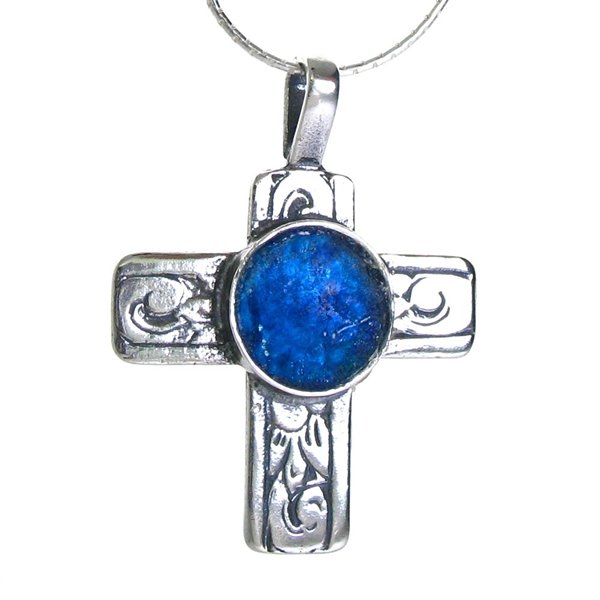 2,000 YEAR OLD ROMAN GLASS IN CROSS: 2,000 Year Old Roman Glass In Cross- - -Metal: Sterling Silver Cross-Stones: 2,000 Year Old Roman Glass-Sizes-Measures: 1 1/4" Tall X 1" Wide