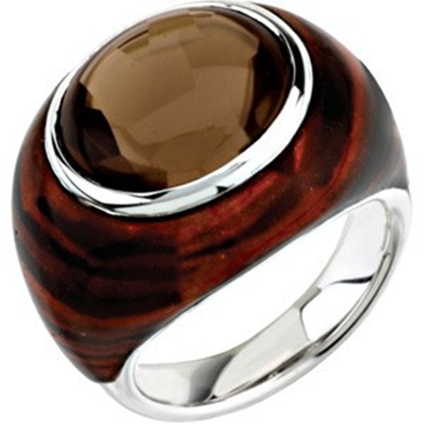 SMOKY QUARTZ IN TIGER PRINT ENAMEL RING: Smoky Quartz In Tiger Print Enamel Ring- - -Metal: Sterling Silver-Stones: 8.5 Ct. Smoky Quartz 14 X 12Mm-Sizes-