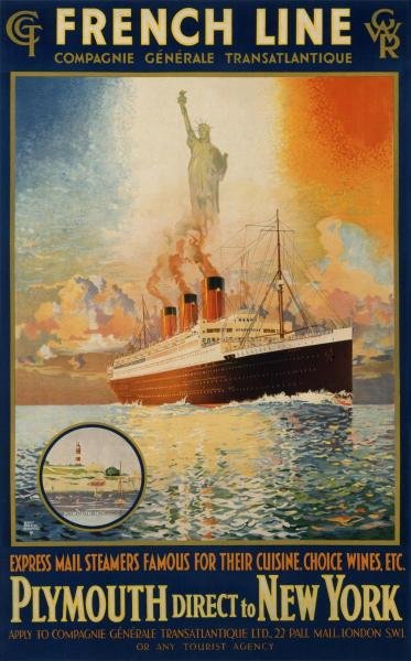 HARRY HUDSON RODMELL - FRENCH LINE/PLYMOUTH TO NEW: HARRY HUDSON RODMELL - FRENCH LINE/PLYMOUTH TO NEW YORK/”PARIS” - Giclée on Canvas - Size-27 3/8 x 44 in.