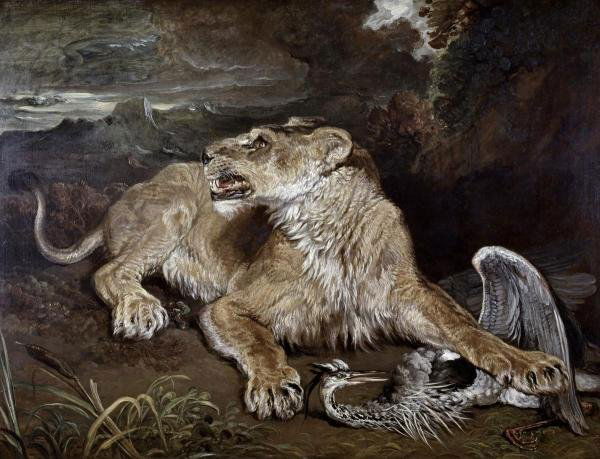 JAMES WARD - A LIONESS & A HERON - Giclée on Canvas: JAMES WARD - A LIONESS & A HERON - Giclée on Canvas 36 x 27 5/8 in.