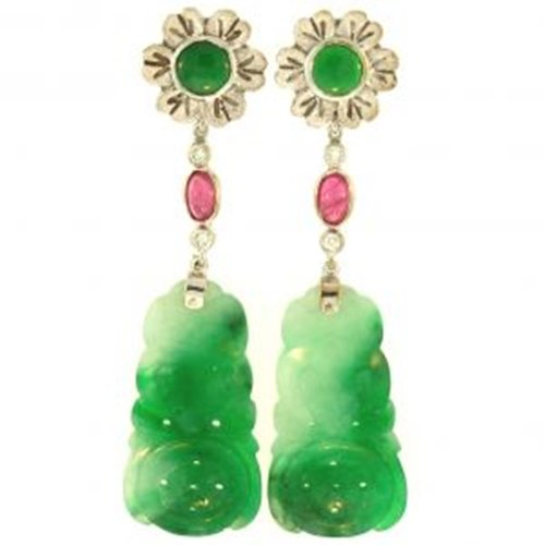 NATURAL GREEN JADE EARRINGS - Grade "A" Jade: Metal:White Gold Karat:14K Dia. Wt.: 0.10 Ct Stone Size: ~13X25Mm Details: .58Ct Ruby Accents Carved Bat W/Coin