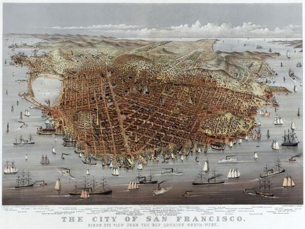 CURRIER & IVES - THE CITY OF SAN FRANCISCO. BIRDS EYE: CURRIER & IVES - THE CITY OF SAN FRANCISCO. BIRDS EYE VIEW FROM THE BAY LOOKING SOUTH-WEST - Giclée on Canvas 36 x 27 in.