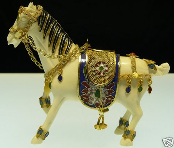 SOLID BONE & CLOISONNE HORSE: Solid Bone & Cloisonne Horse Long: 4", Wide: 2", High: 4" This Beautiful Artwork Is Made From Solid Bones. The Saddle Is Made From Cloisonne. All Natural And All Hand Carved From Solid Bone. It Is Not