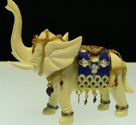 BONE & CLOISONNE ELEPHANT: Bone & Cloisonne Elephant - Long: 4", Wide: 2", High: 4" - This Beautiful Artwork Is Made From Solid Bones. The Saddle Is Made From Cloisonne. All Natural And All Hand Carved From Solid Bone. It Is No